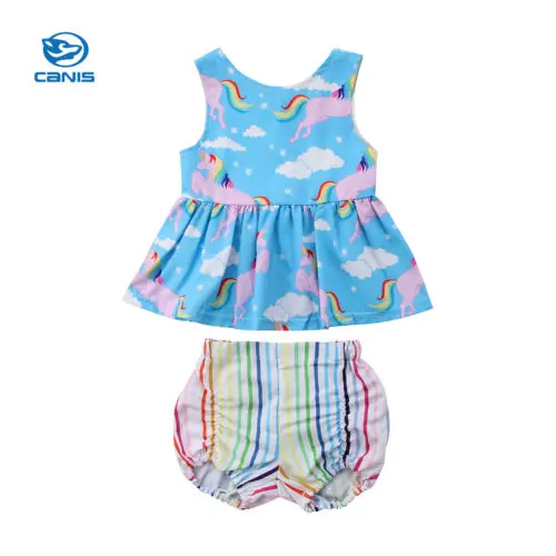 

Toddler Kids Baby Girls Rainbow Unicorn Cartoon Tops Dress Pants Shorts Outfits Blue Pink Clothes 2PCS