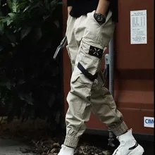 Уличная одежда с лентами, повседневные брюки для мужчин, черные тонкие мужские штаны для бега с боковыми карманами, хлопковые камуфляжные мужские брюки, спортивные брюки# G30