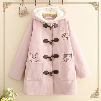 

Winter Cat Embroidery Women Hooded Coat Woolen Fleece Casual Long Sleeve Warm Flocking Horn Button Jacket Coats T628