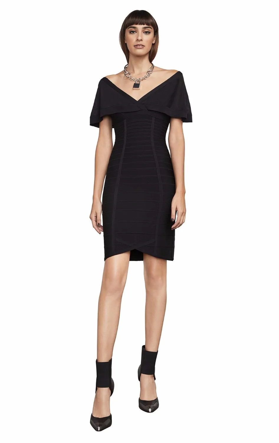 black v neck off the shoulder dress