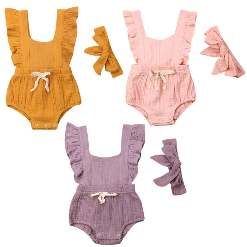 

Newborn Toddler Baby Girls Cotton Ruffle Romper Headband 2PCS Outfits