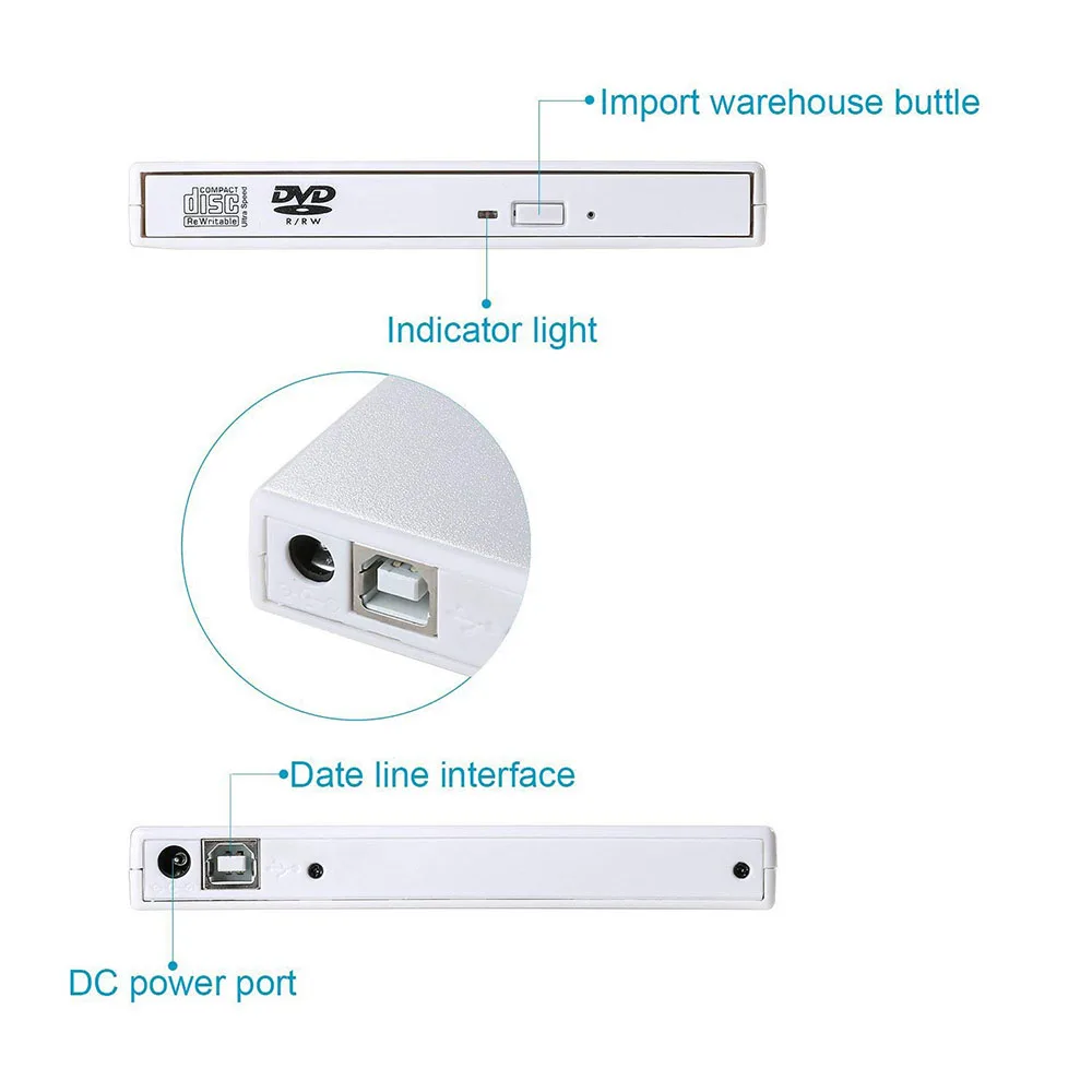 Внешний CD-накопитель USB 2,0 Внешний DVD-ридер с горелкой для ноутбука ПК настольный компьютер Plug And Play Win 7 8 10