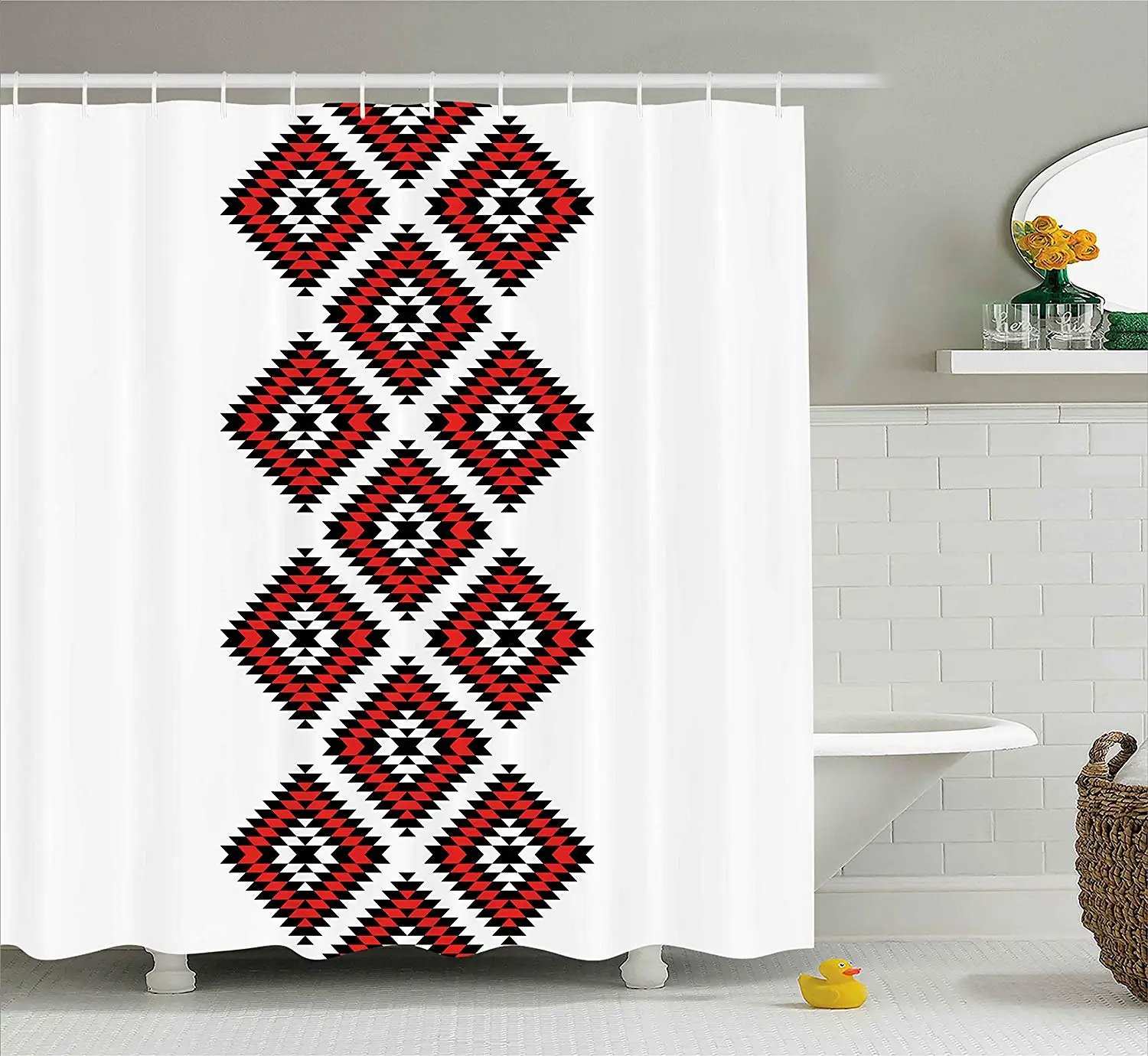 Tribal Shower Curtain Native American Style Zig Zag Aztec Motif with Embroidery Ornaments Image