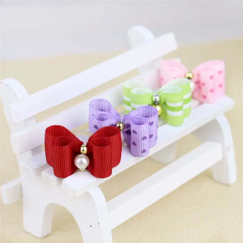 10pcs Dog Cat Hair Bows With Rubber Bands Rhinestone& Flower Grooming Accessories Pet Hair Headwear
