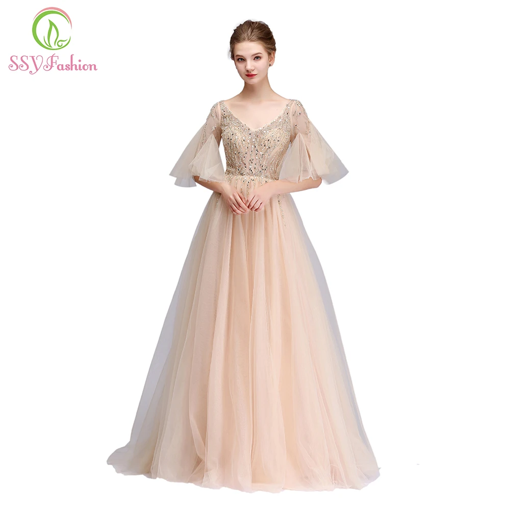 

SSYFashion New High-end Evening Dress Bride Banquet Luxury Champagne V-neck Sequined Beading Prom Party Gown Robe De Soiree
