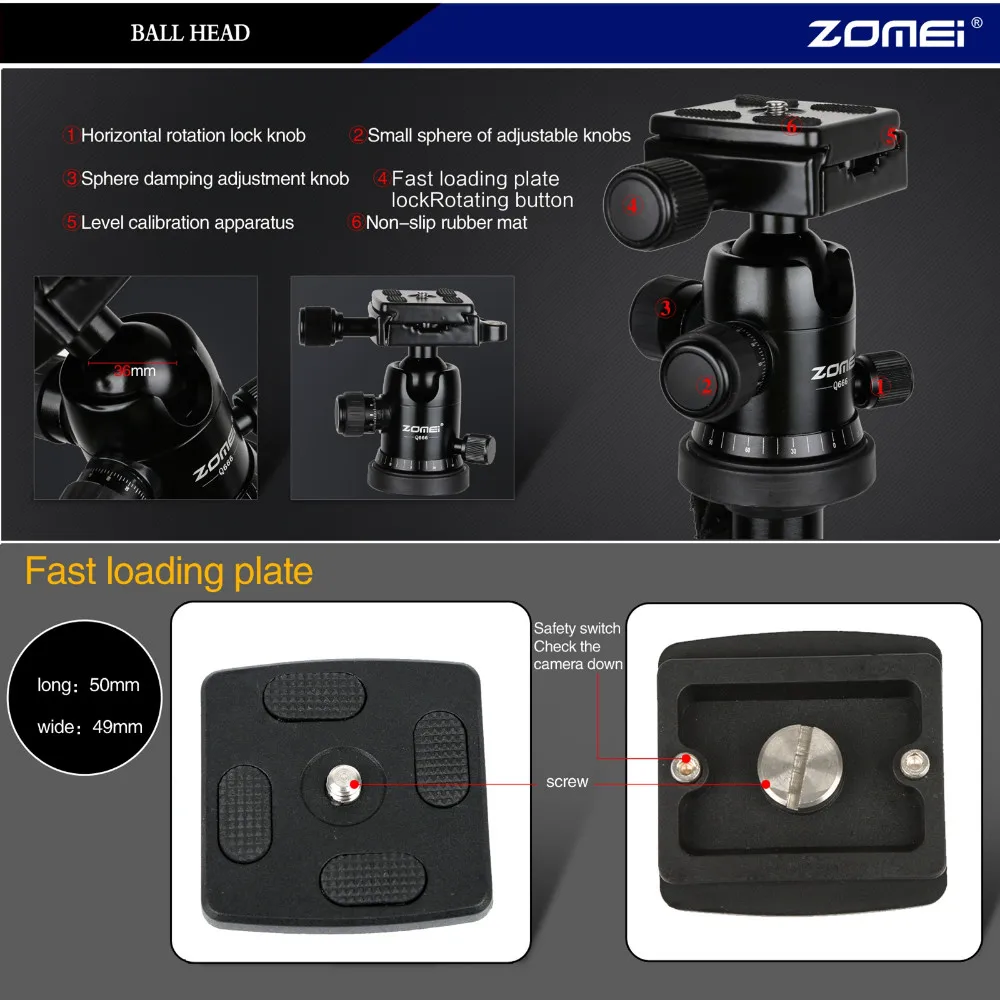ZOMEI Q666 Профессиональный алюминий сплав штатив Комплект монопод шаровая Головка для путешествий DSLR камера легкий компактный портативный
