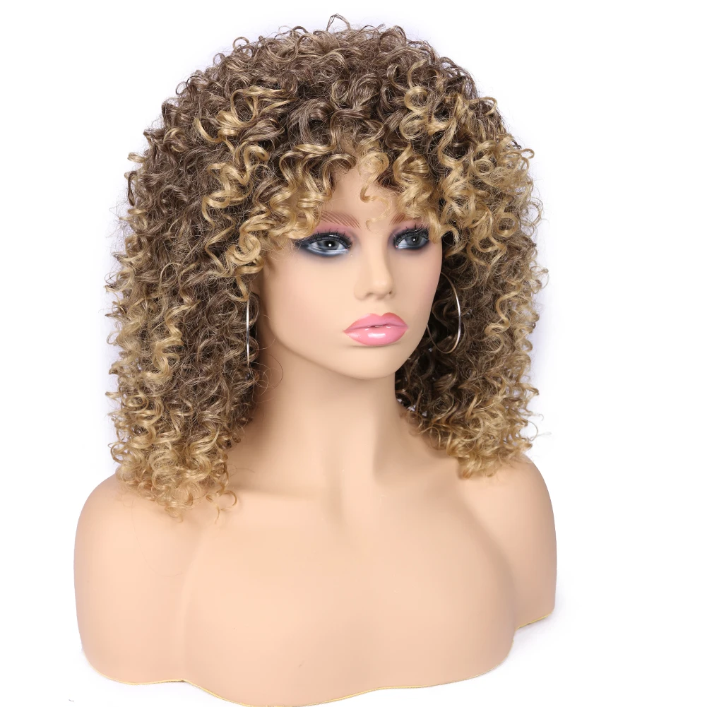 FAVE Afro Kinky Curly Wig With Bangs Synthetic Wigs Heat Resistant Fiber Ombre Dark Light Brown Gradient Color For Black Women