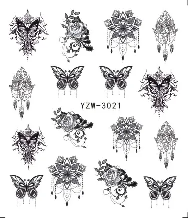 1 шт наклейки для ногтей водные наклейки бабочки Цветочные животные черно-белые геометрические Слайдеры для маникюра украшения для ногтей - Цвет: YZW-3021