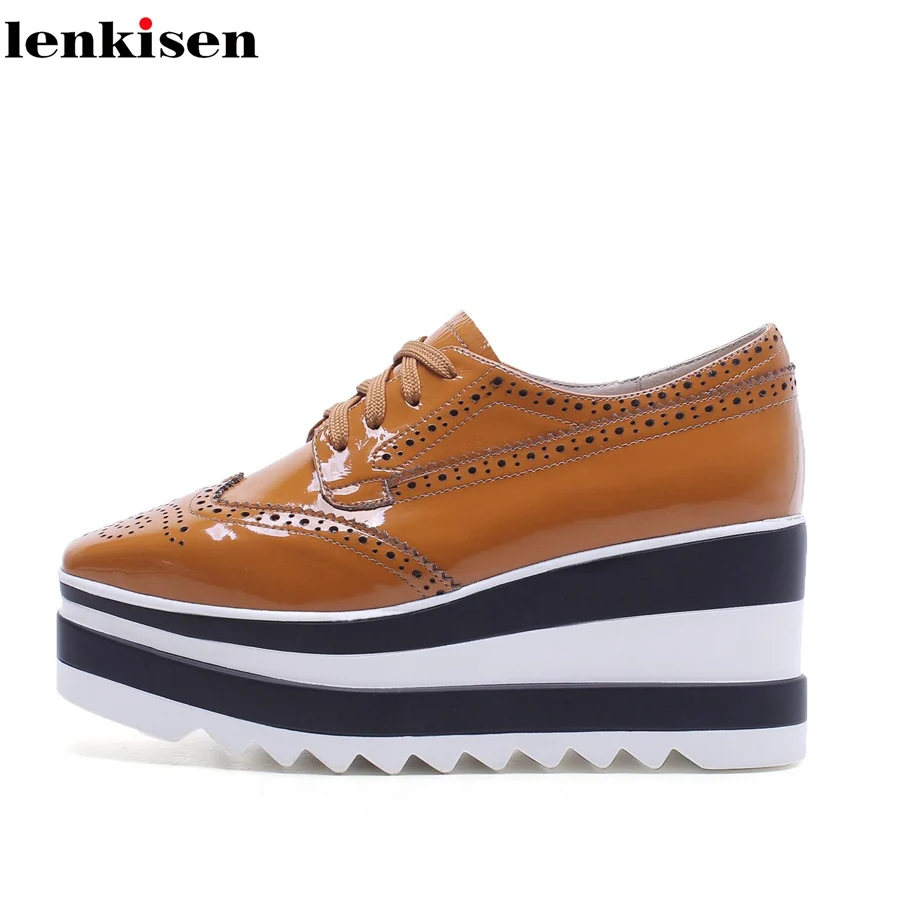 

Lenkisen hot sale square toe lace up cow leather platform thick high heels wedges solid print shopping meeting women pumps L6f6