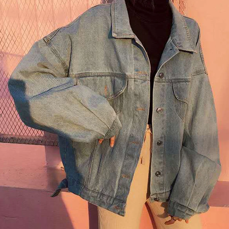 Women's Coat Denim Jacket Vintage Loose Printed Jaqueta Feminina Oversized Jacket Long Sleeve Coat Single Breasted Jackets