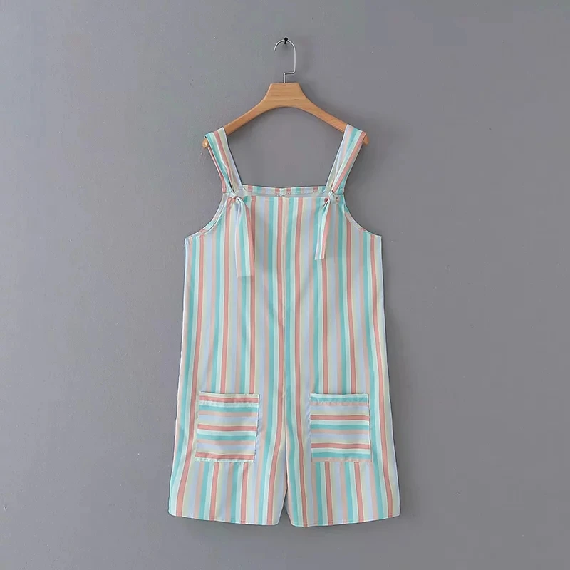 

Leisure Women Patch Pocket Striped Sling Conjoined Shorts 2019 Summer Female Sleeveless Jumpsuits P1266