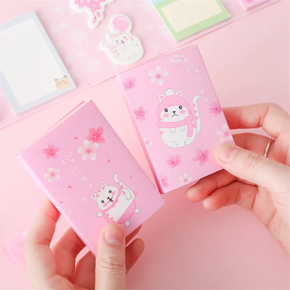 Cartoon Cute Cat In The Sakura Sticky Notes Multi Folding Writing Pads Label Kawaii Stationery School Office Supplies Kids Gifts