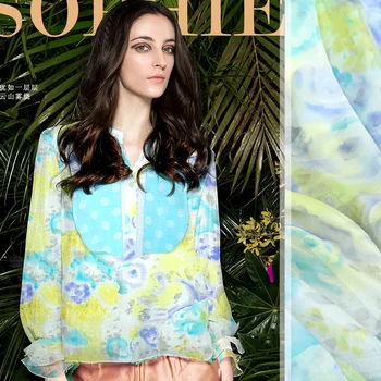 

free shipping! Printed silk chiffon fabric fine folds Baotou summer DIY silk fabrics wholesale high quality silk cloth