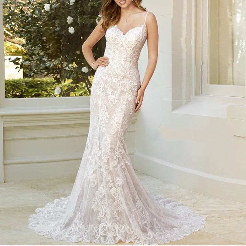 

LORIE Spaghetti Straps Mermaid Wedding Dress Elegant Lace Appliqued with Tulle Bridal Dresses Sexy Backless vestido de noiva