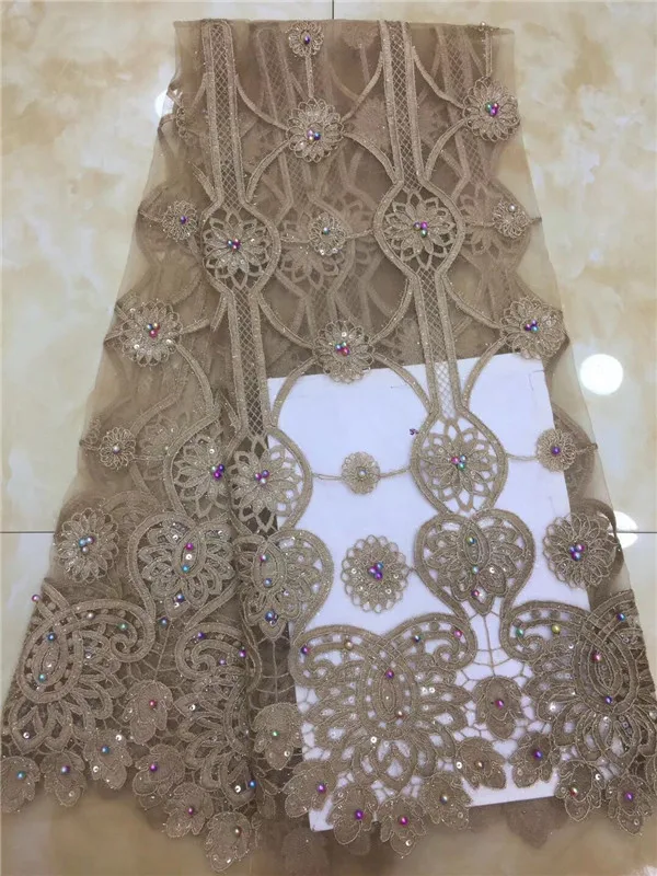 

White 2019 Latest Style French Net Lace Fabric With Beads sequins Appliqued Lace Fabric High Quality Nigerian Lace Fabric gold