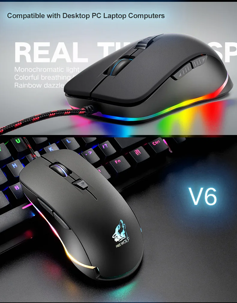 V6 проводной RGB светодиодный с подсветкой USB Эргономичный 2400 dpi+ 6 кнопок оптическая мини игровая мышь геймерские мыши для настольного ПК ноутбука компьютера