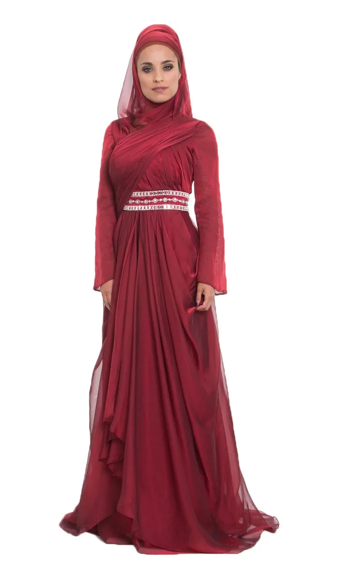 a line long sleeve modest hijab muslim evening dress burgundy