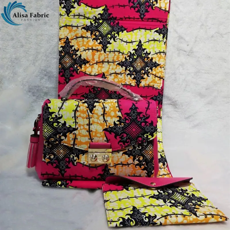 

Most popular 6 yards dutch soft wax fabric veritable wax matching shoulder bag New design 3 pieces/set African woman's wax bag