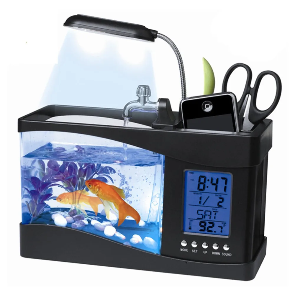 

USB Desk Aquarium 1.5L Mini LCD Timer Clock LED Lamp Light Black Fish Tank Best Gift Desktop Decoration
