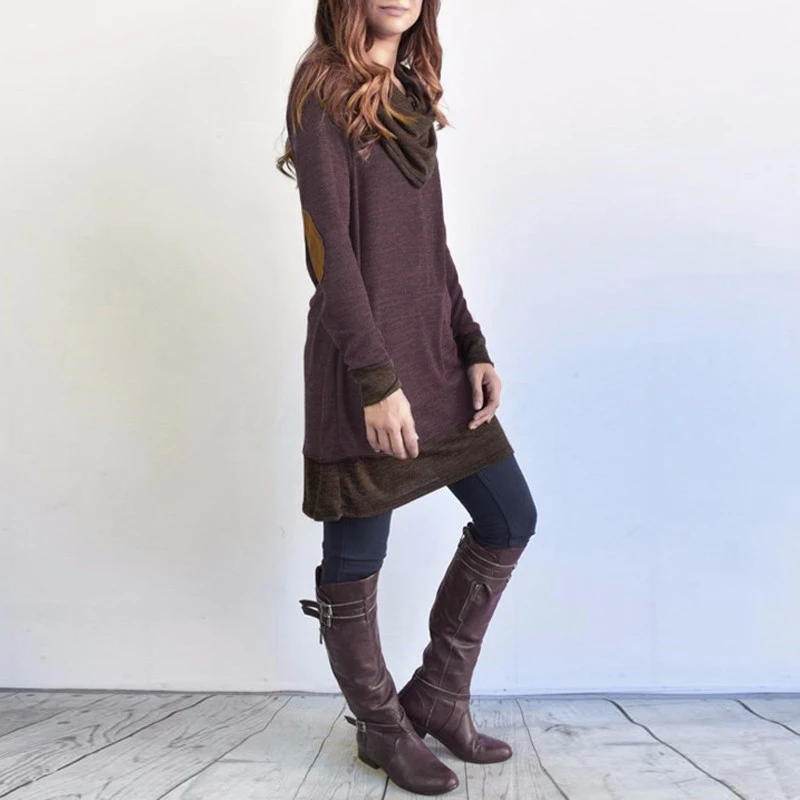 S-5XL Women Long Sleeve Thin Pullover Spring Autumn Blouse Patchwork Cowl Neck Ladies Long Tops Casual Shirts Elbow Patches New