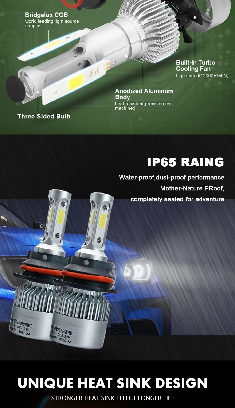 04 S2 H4 H7 H13 H11 H1 9005 9006 H3 9004 9007 9012 COB LED Headlight 72W 8000LM Car LED Headlights Bulb Fog Light 6500K 12V