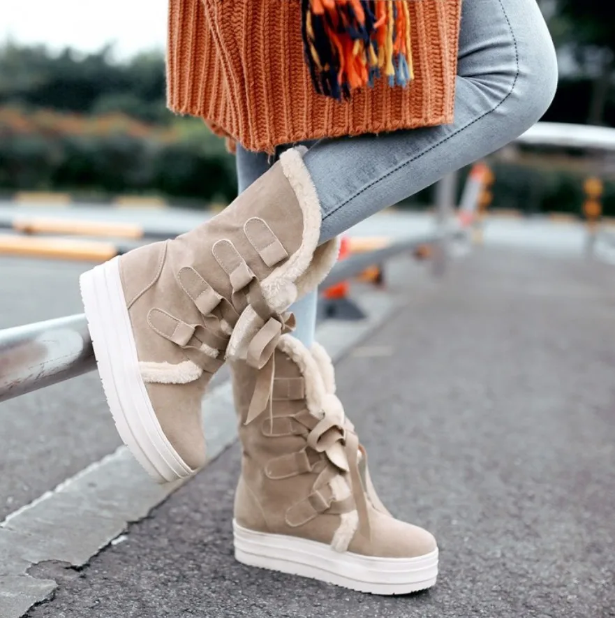 AIYKAZYSDL/Коллекция года; женские теплые зимние ботинки; ботинки до середины икры на платформе, увеличивающие рост; лыжные ботинки на толстой резиновой подошве размера плюс - Цвет: beige