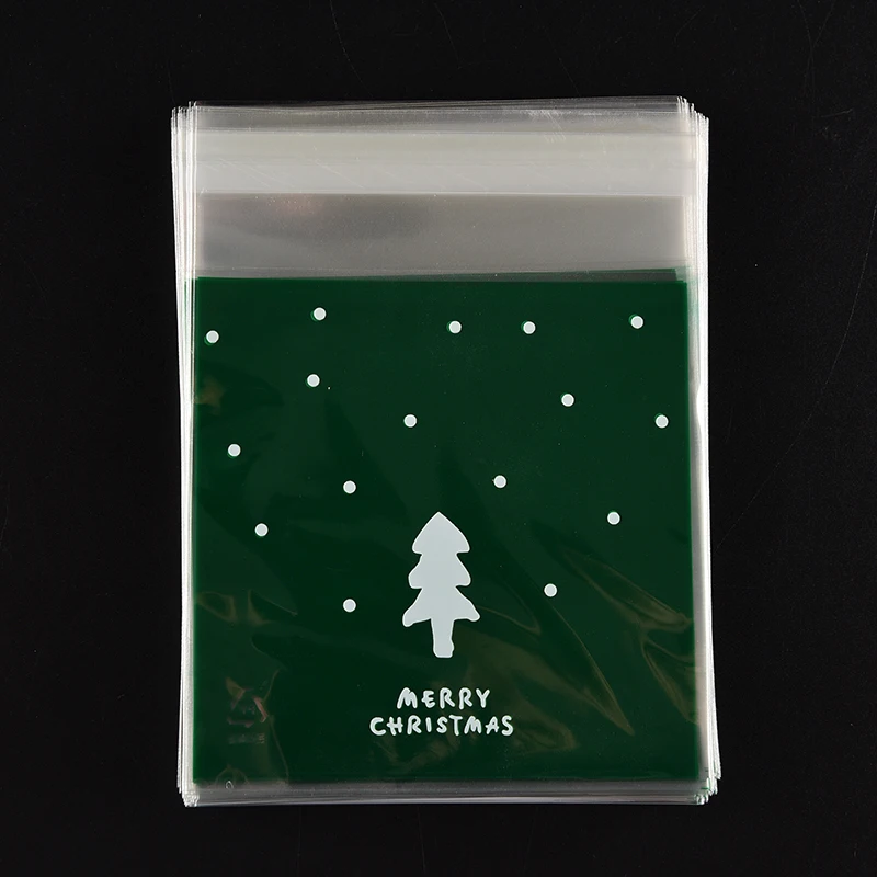 

100Pcs Plastic Christmas Tree Adhesive Cookies Biscuit Candy Gift Bags New Year Festival Decoration Supplies 3 Colors