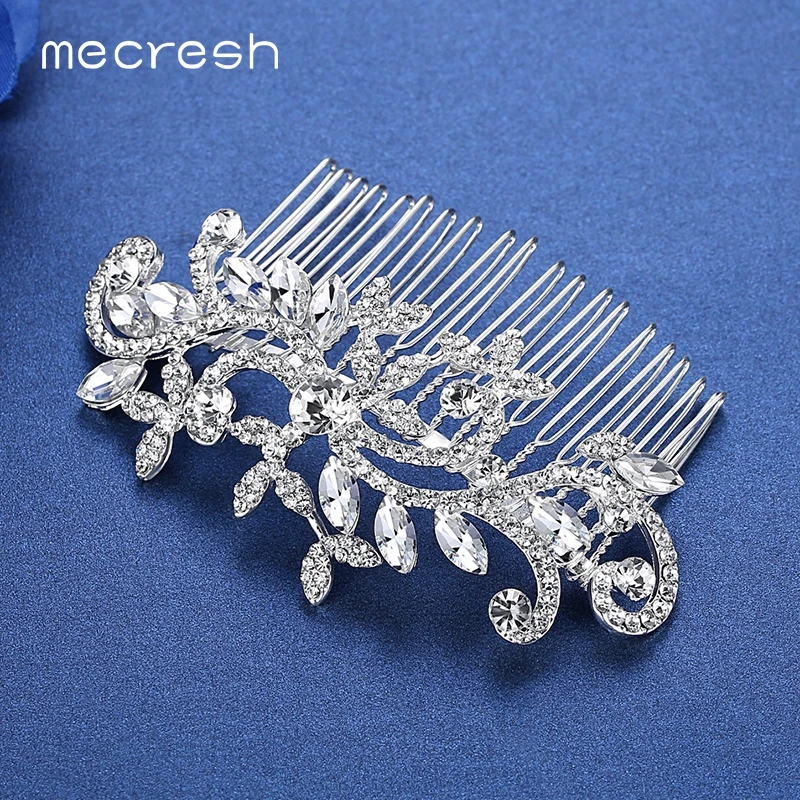 Mecresh цветок кристалл свадебные аксессуары для волос Серебряный цвет свадебные гребни корона тиара европейские украшения Рождественский подарок FS001