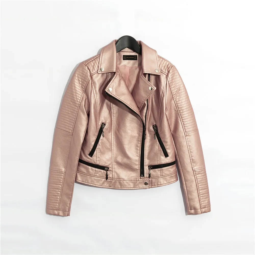 

2019 women faux leather jacket casual Short coat Long sleeve full lining Pink black blue silver 4color SML zipper drop shipping