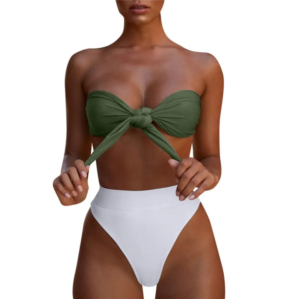 Swimwear women Women High-Cut Swimwear Beachwear Swimsuit Bandage Bikini Set Push-Up Brazilian Swimwear Two Piece - Цвет: Army Green