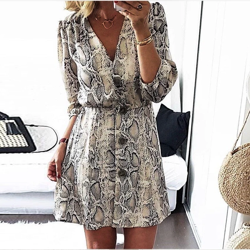 

Snakeskin Printed Dress 2019 New Fashion Women High Street A-Line Dress Half Sleeve V-Neck Button Mini Dress