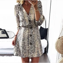 Snakeskin Printed Dress 2019 New Fashion Women High Street A-Line Dress Half Sleeve V-Neck Button Mini Dress