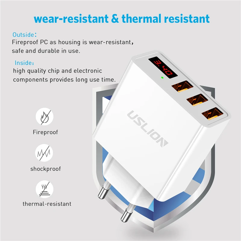 USLION 3.4A LED عرض 3 USB شاحن ل فون سامسونج Xiaomi هواوي ماكس 2.4A العالمي الهاتف المحمول USB شاحن سريع شحن