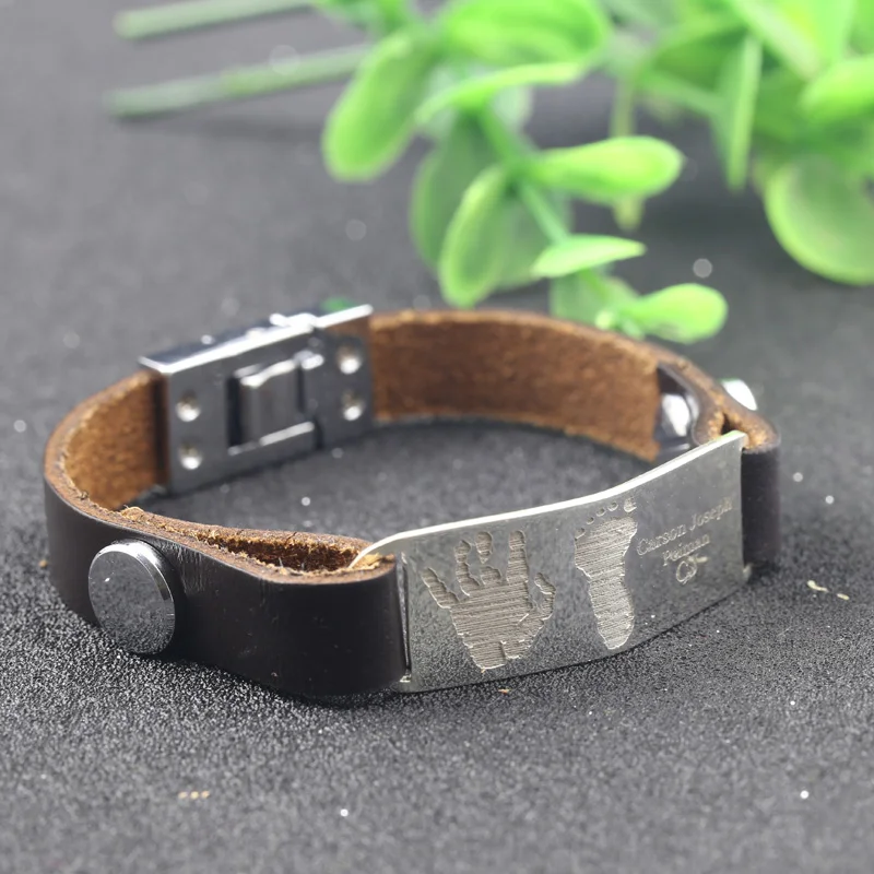 Men Bracelet New Fashion 925 Solid Silverl Bracelets Brown Leather Men Bracelet New Fashion 925 Solid Silverl Bracelets Brown Leather Engrave Handprints And Hootprints Jewelry For Birthday Gift In Charm From