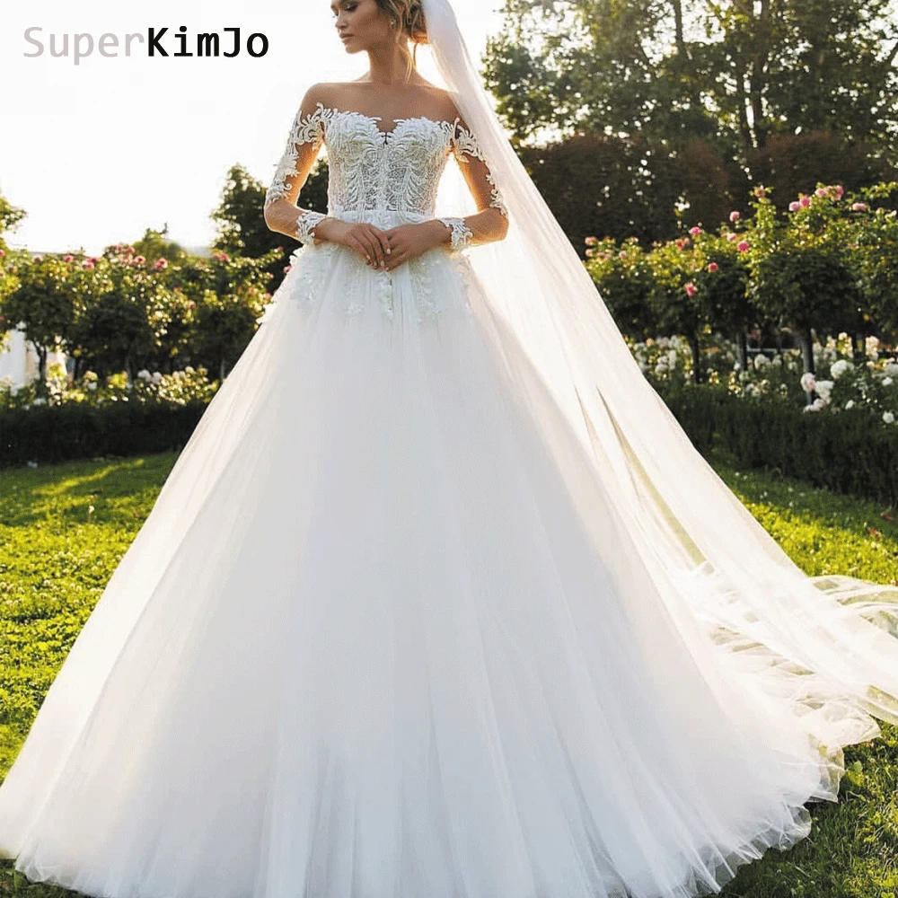 

SuperKimJo Off the Shoulder Wedding Dress Ball Gown 2019 Lace Applique Beaded Peal Long Sleeve Wedding Gown Robe De Mariee