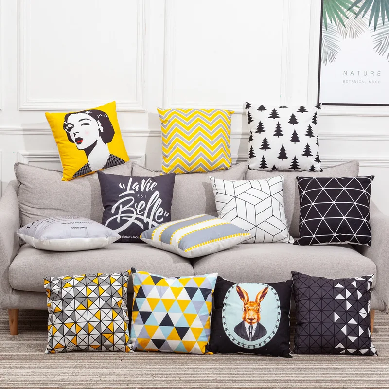 Nordic Style Yellow Gray Pillow Modern Minimalist Geometric Stripes Rhombus Abstract Art Cushion Home Decor For Office Chair