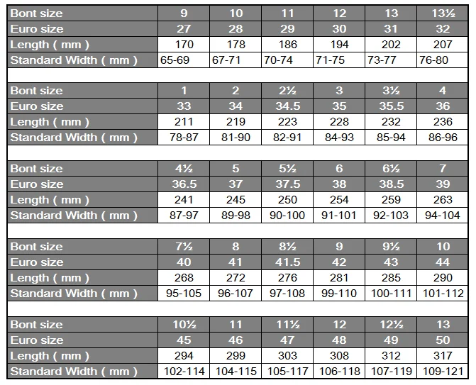 Ice Skate Shoe Size Chart