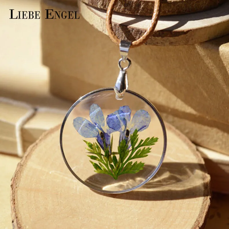 

LIEBE ENGEL Charms Real Natural Dried Flower Necklace Round Glass Pendant Necklace For Women Gift Vintage Jewelry Wholesale