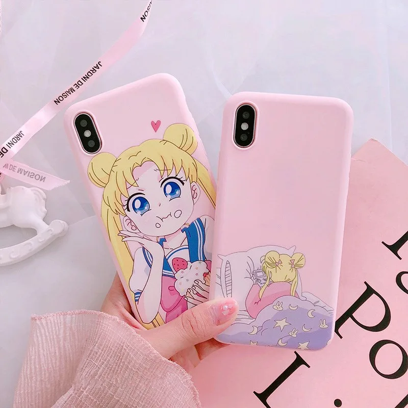 Pink Japanese Anime Kawaii Sailor Moon Phone Case For iPhone 6 6 Puls 6S 7 8 Puls X Cases TPU Soft Back Cover Coque