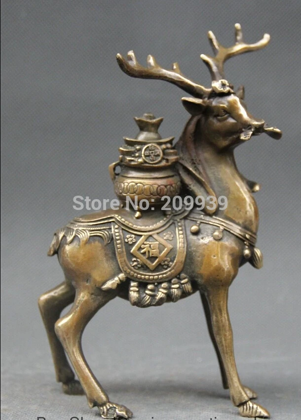 

huij 005538 6" China Chinese Fengshui animal Purple Bronze Deer treasure bowl Statue Sculptu (A0321)