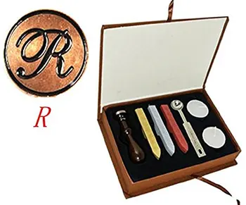 

Vintage Letter R Alphabet Initial R Engraved Wedding Invitation Gift Box Wax Seal Stamp Sticks Melting Spoon Set
