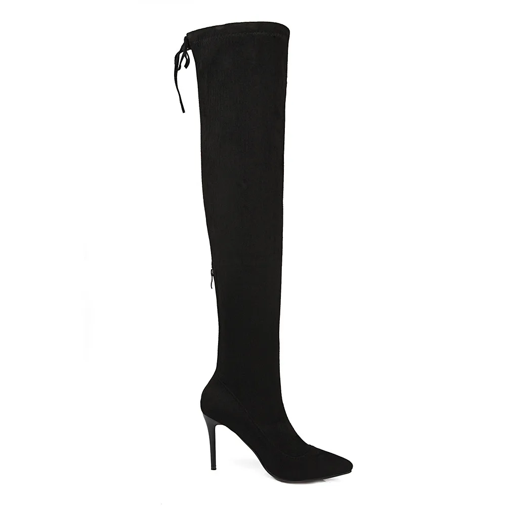 Flock Slip die herbst on Solide Frühling Größe Über wine gray Winter Orshirly Frauen Red Black Casual Plus Spitz Handgemachte Stretch Stiefel Frühen Knie 4ndwfx