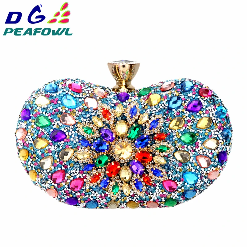 DG PEAFOWL Two Side Luxury crystal Floral Clutch chain bag evening woman diamond wedding Shoulder wallet purse Handbags 5 colors