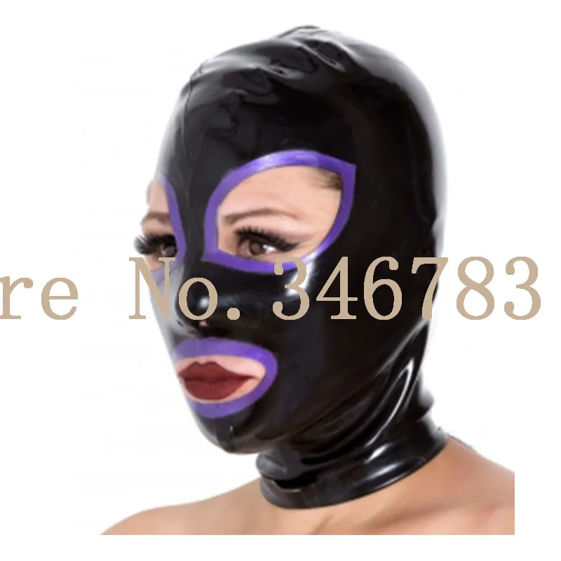 100% Black Latex Hood Mask Rubber Purple Trim with Zip on Back Costumes Accessories for Party |