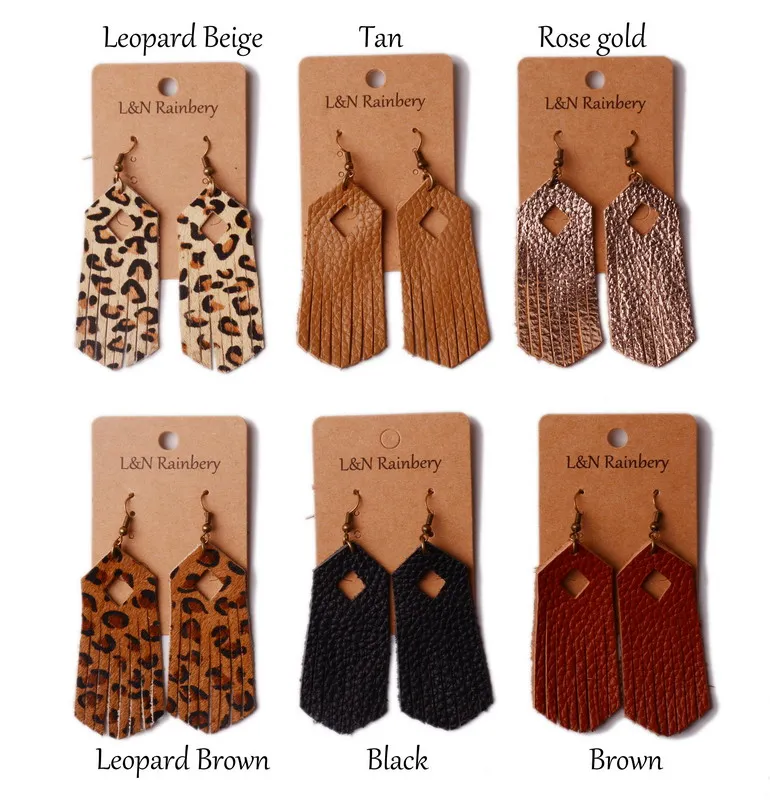 

2019 New Classic Leopard Print Real Leather LongTassel Drop Dangle Earrings Bohemia Statement Vertical Bar Ear Leather Earrings