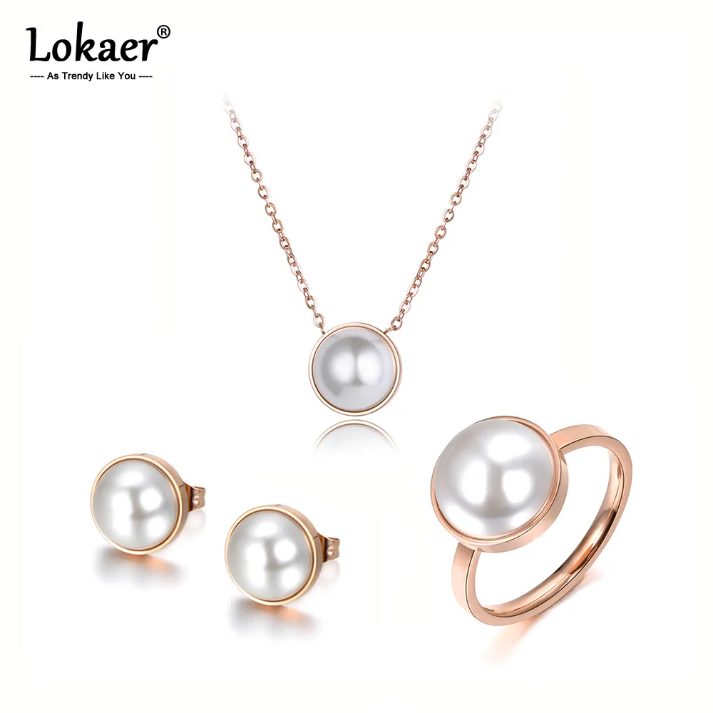 

Lokaer Trendy White Simulated Pearl Necklace Earrings Rings Sets Titanium Steel Rose Gold Color Wedding Jewelry For Women SE017