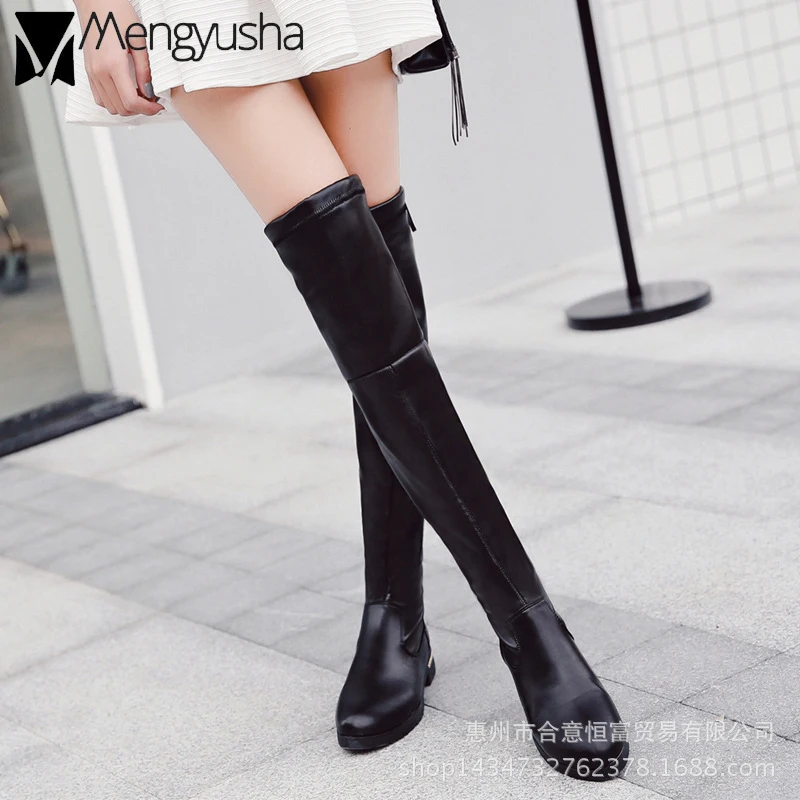 

Winter Plush fur over knee chunky flats boots woman back lace-up stretch chelsea booties european long thigh high boots shoes 40