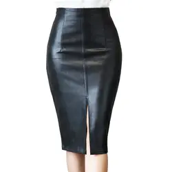 Для женщин с разрезом сзади Карандаш Мода ниже колена Оболочка сплошной осень зима Черный спереди для юбка из искусственной кожи