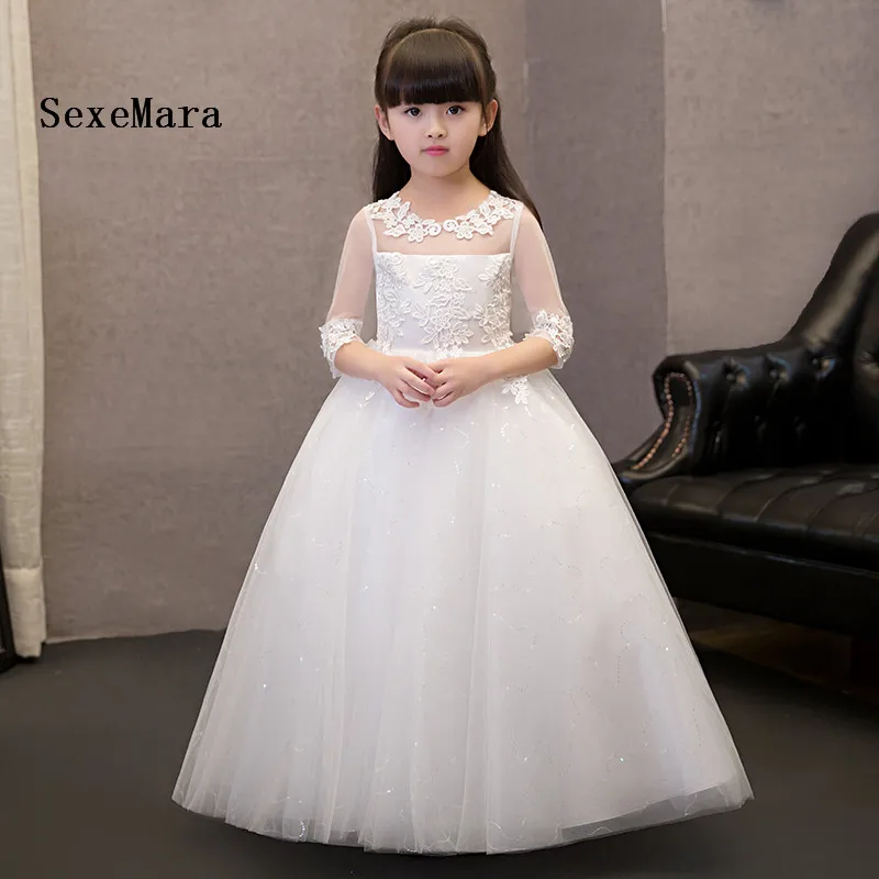 

New White First communion dresses for girls Lace Three Quarter Sleeves Ball Gown Flower Girls Dresses for Wedding