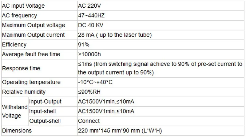 specification for myjg100w power supply